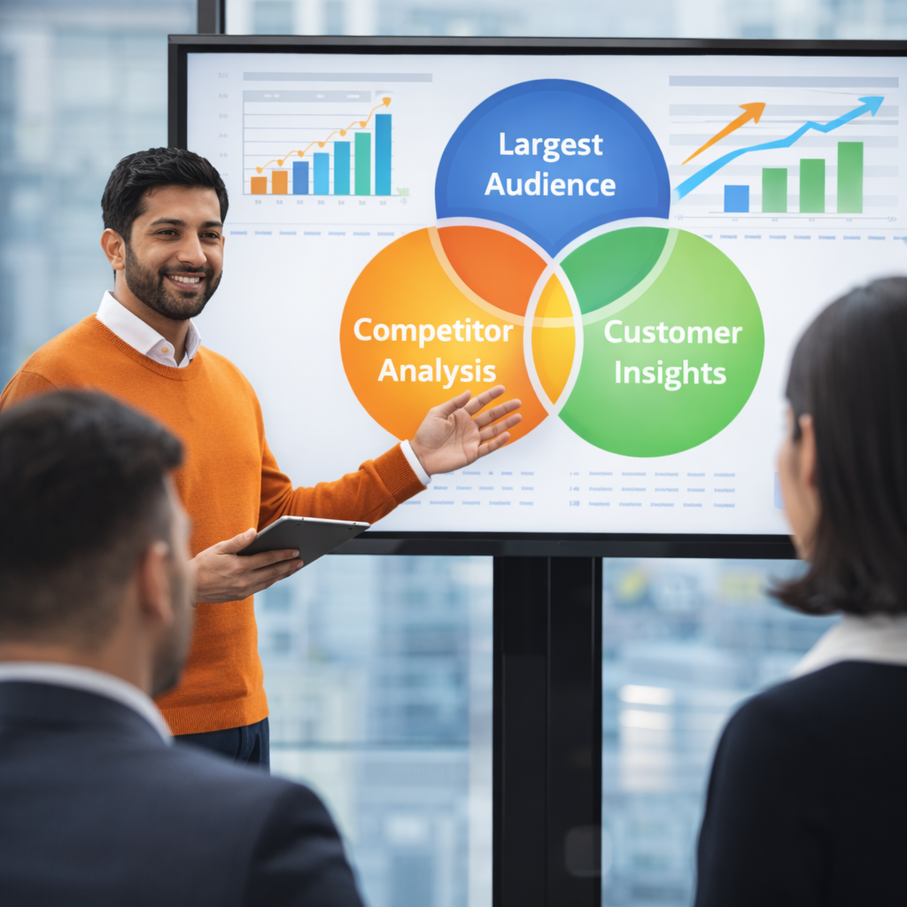 Digital marketing team discussing audience insights and competitor analysis strategy