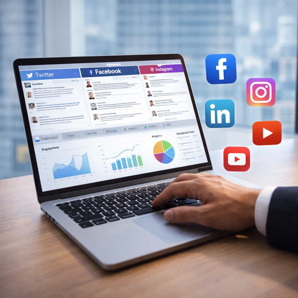 Social media management dashboard showing analytics and scheduled posts on laptop